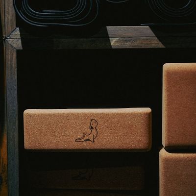 Yoga wooden blocks and a rolled mat in corner